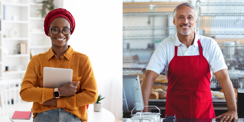 Combined images of a smiling young African American woman in a modern office and an older male barista, representing diverse buyer personas, smiling at the camera.